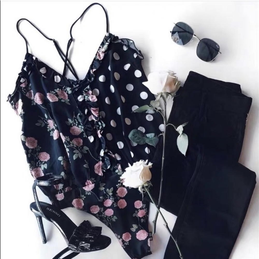 For Love & Lemons Black Floral & Polka Dot Mixed-Print Bodysuit